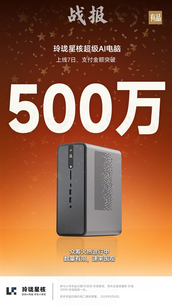 星核超级AI电脑小米有品众筹破500万！锐龙AI Max+395配128GB内存